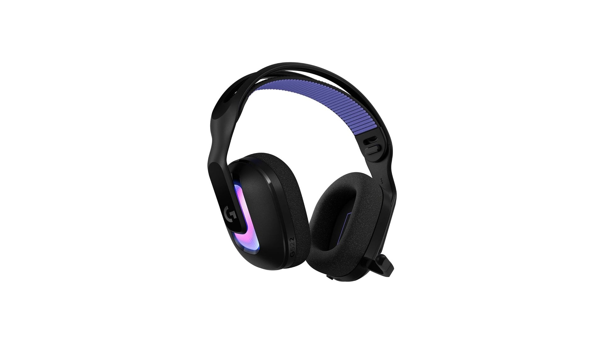 Logitech G522 Lightspeed headset with a blue suspension band and purple side lighting
