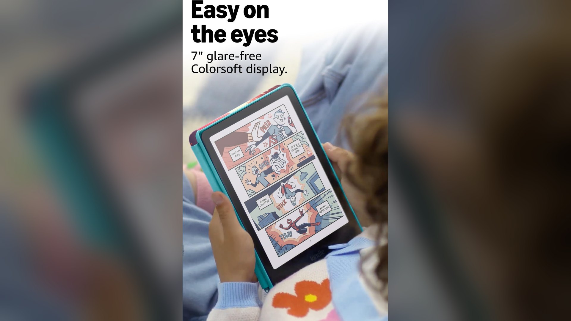 Child holding the Kindle Colorsoft Kids in a teal cover with a color comic page displayed