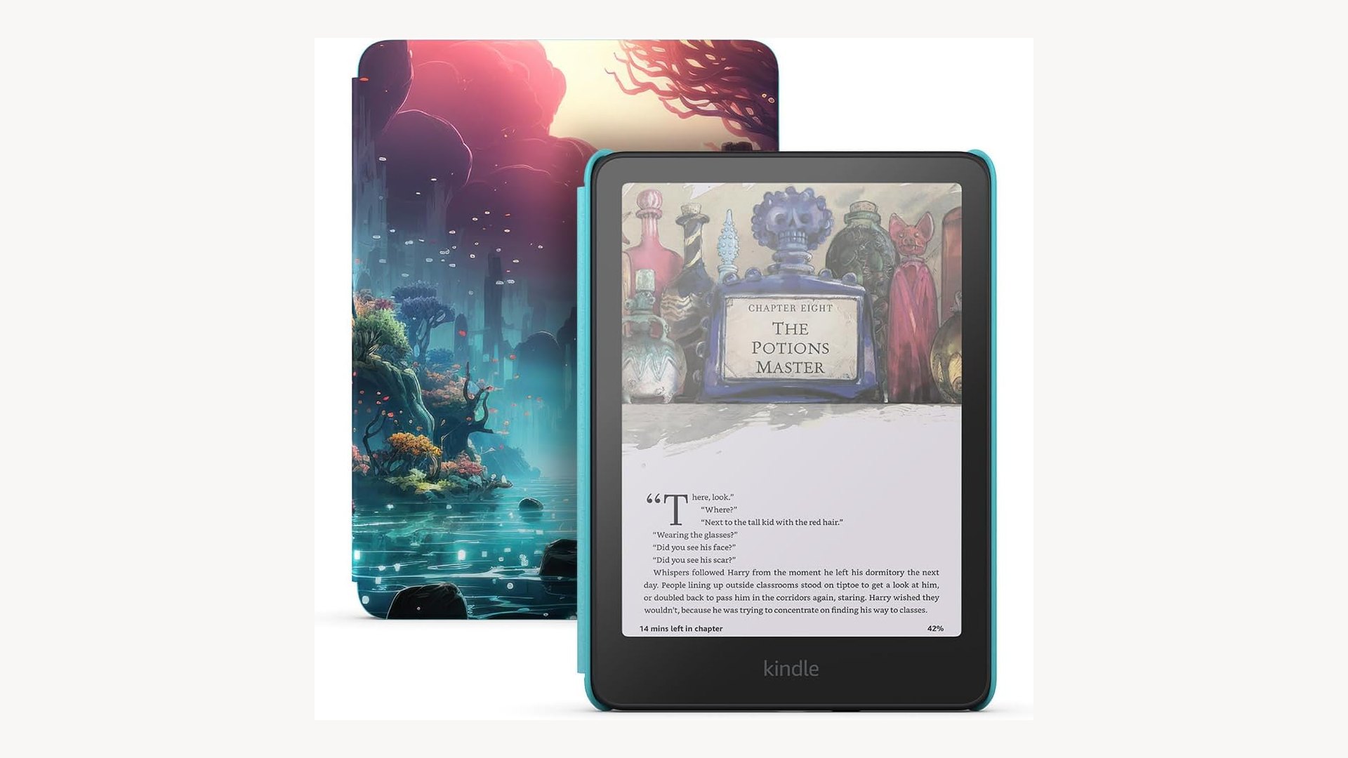Kindle Colorsoft Kids e-reader standing in front of its open Fantasy River cover on a white background