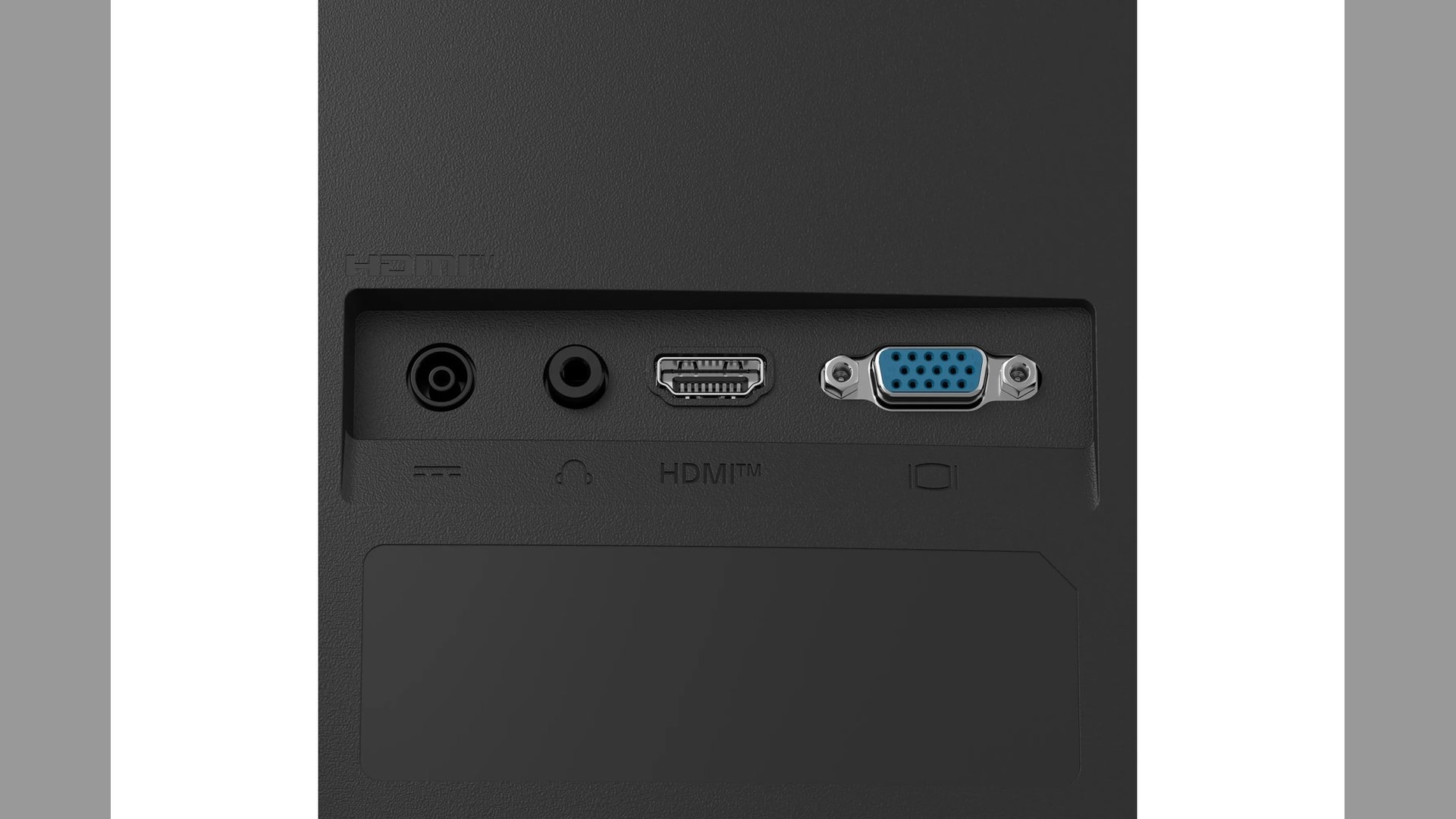 Close-up of the monitor's input panel showing a power inlet, headphone jack, HDMI port and blue VGA port