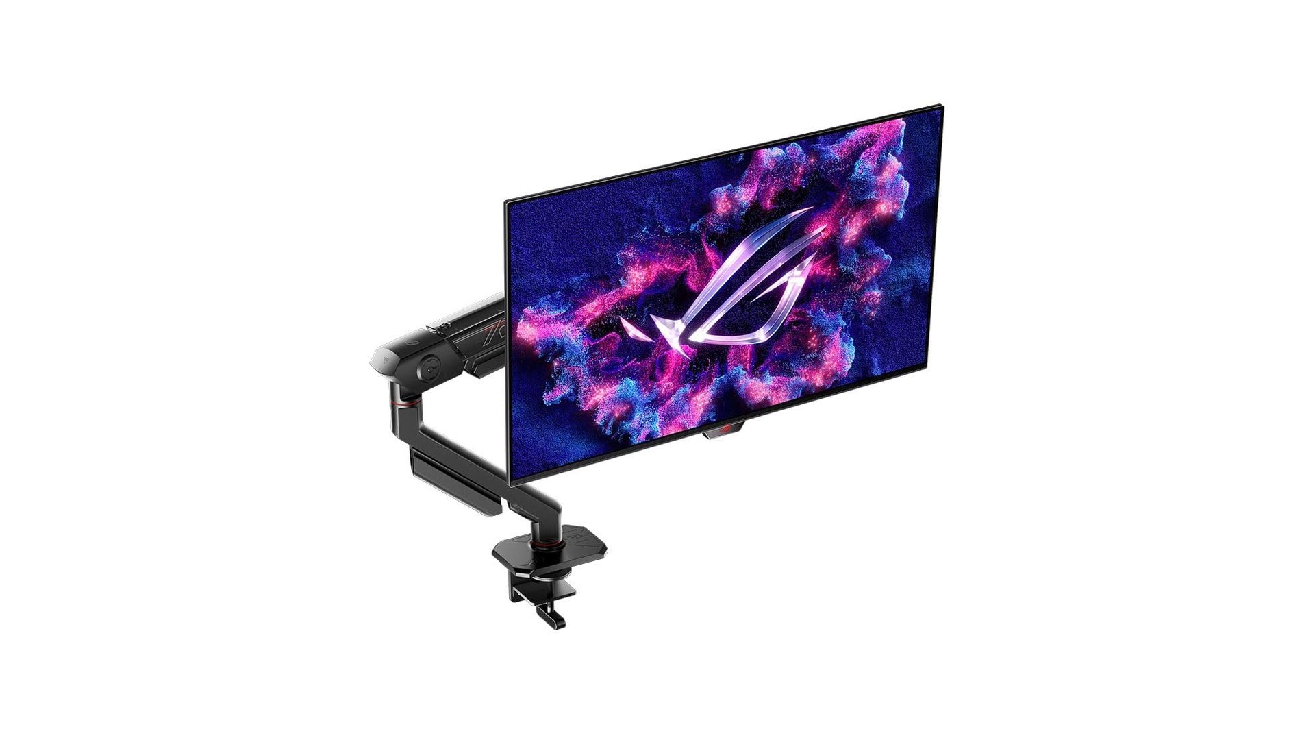 ASUS ROG PG27AQDM-R monitor mounted on an included desk arm
