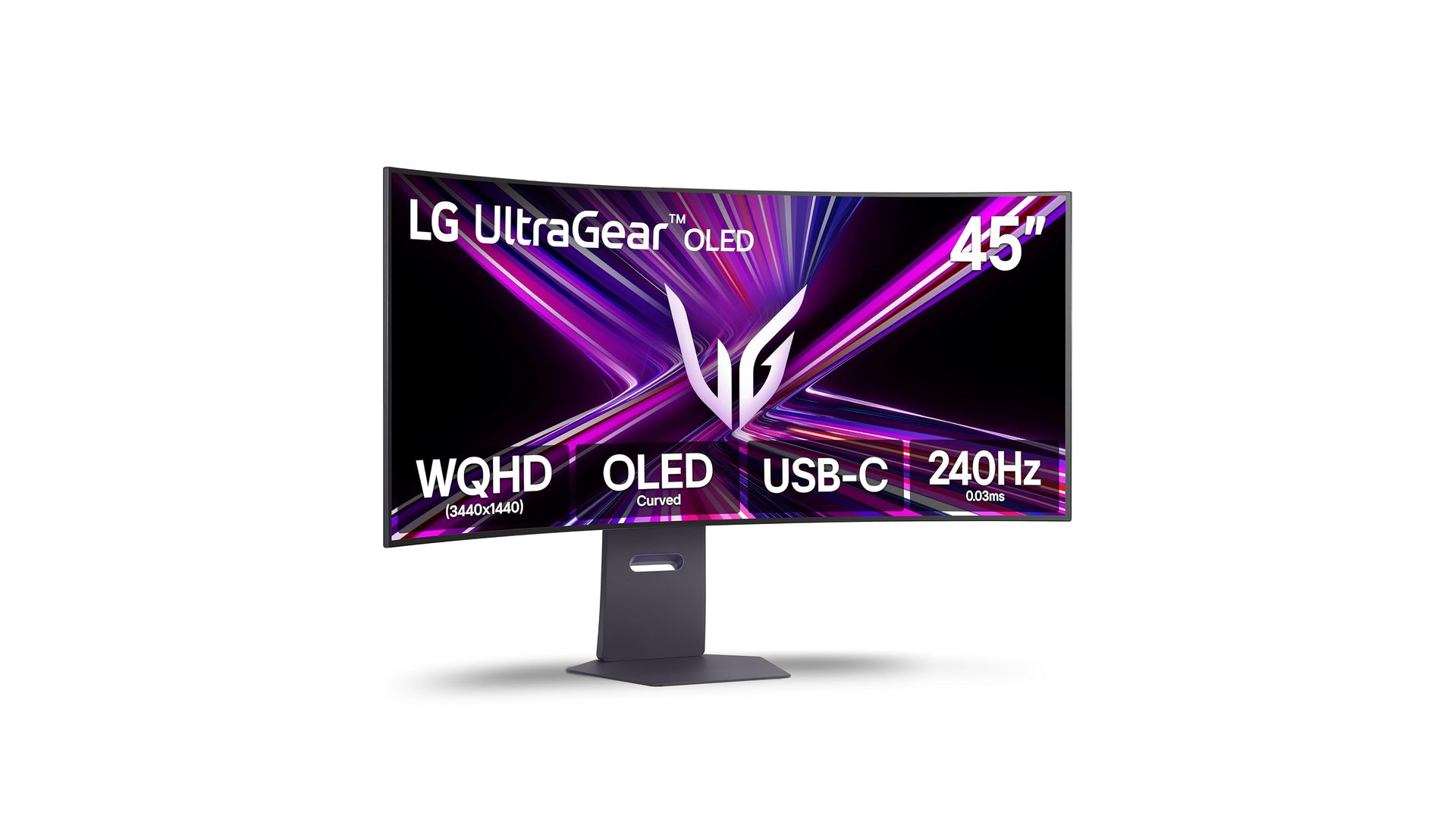 LG 45GX900A-B curved 45-inch ultrawide OLED gaming monitor on its stand