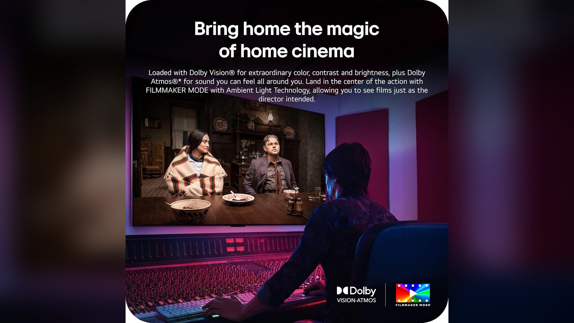 Living room scene showing a film playing on an LG OLED TV
