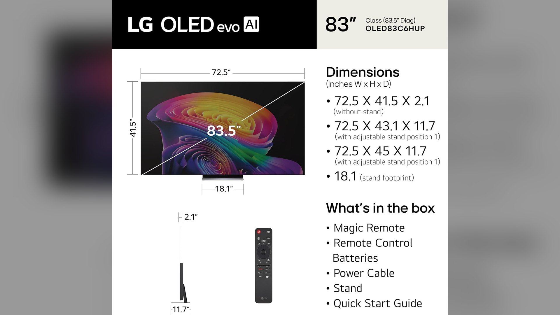 LG dimensions diagram for the 83-inch OLED evo AI C6, model OLED83C6HUP