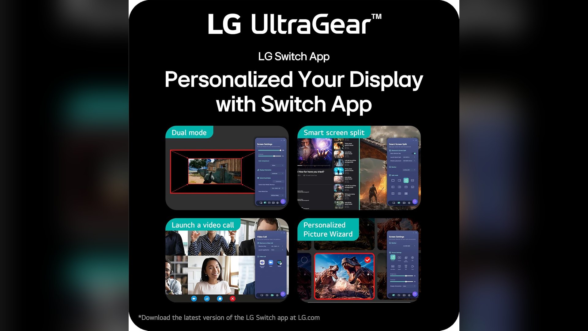 Promotional tile showing the LG Switch phone app with a Dual mode control
