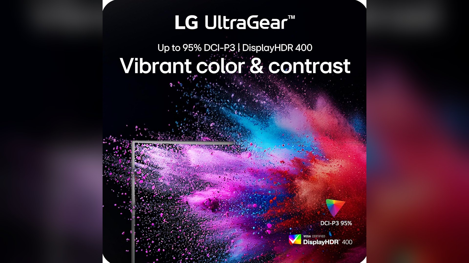 Promotional tile showing DCI-P3 95 percent and DisplayHDR 400 badges beside the monitor