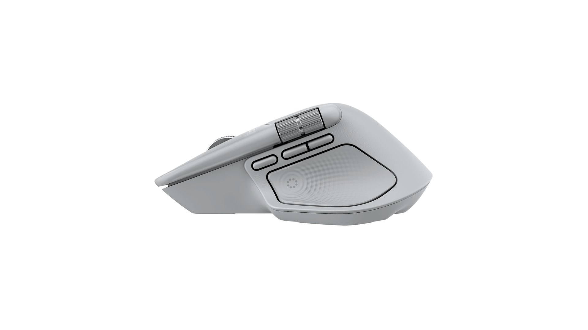 Side view of a Pale Gray Logitech MX Master 4 showing the thumb rest and side grip