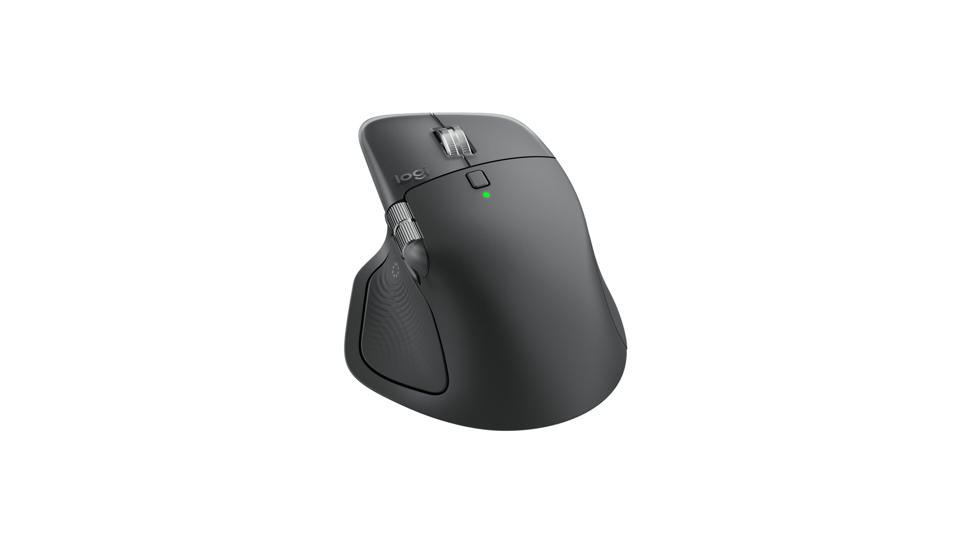 Three-quarter view of a Graphite Logitech MX Master 4