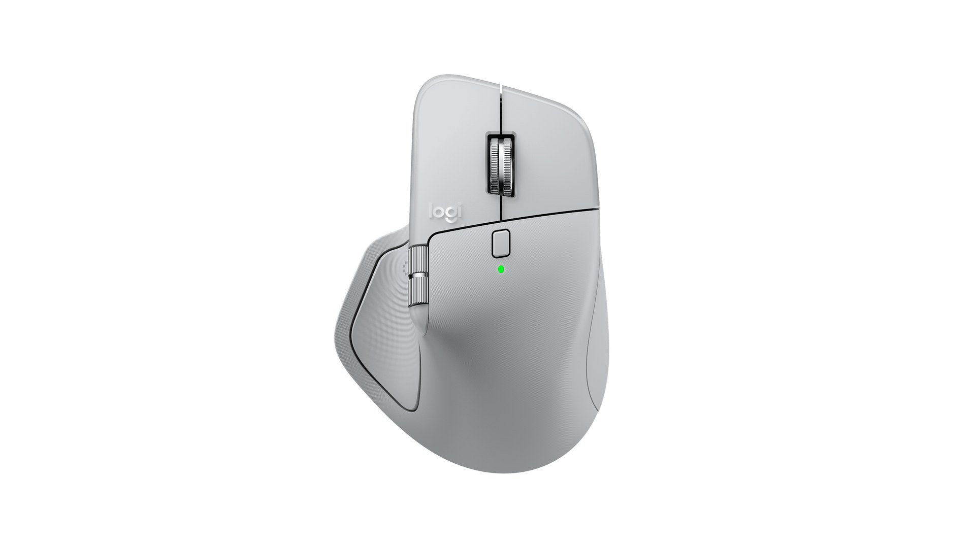 Logitech MX Master 4 in Pale Gray seen from above, with the MagSpeed scroll wheel visible