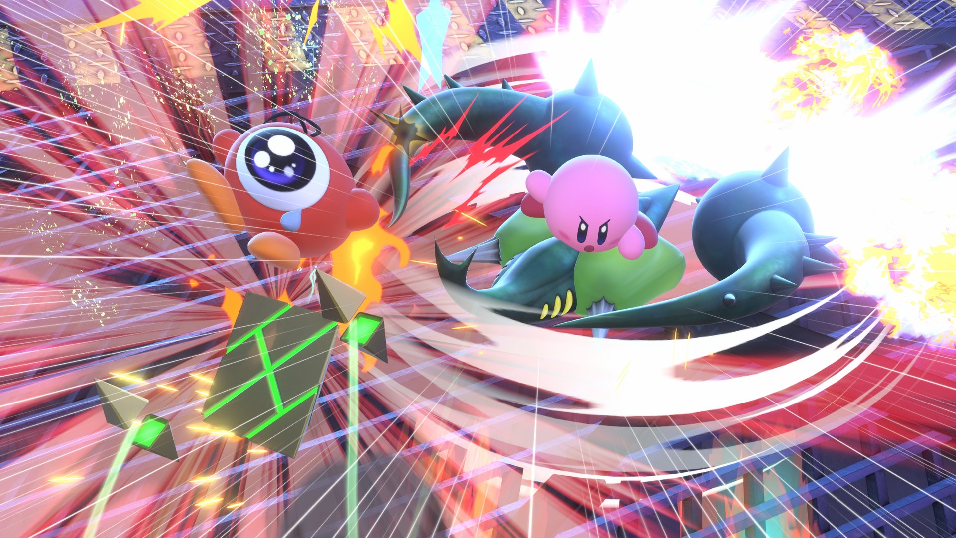 Kirby and rivals colliding in mid-air with impact effects