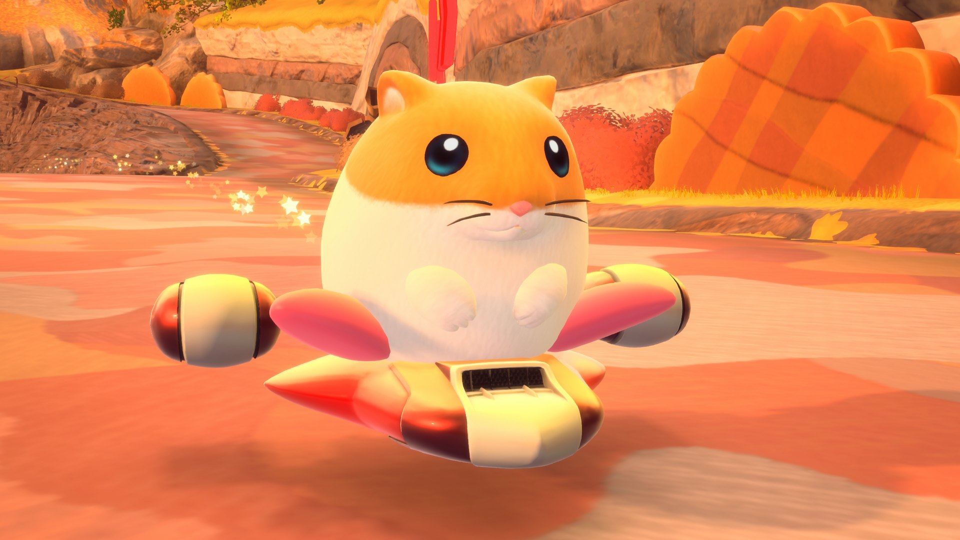 A hamster-like rider on a machine over desert terrain