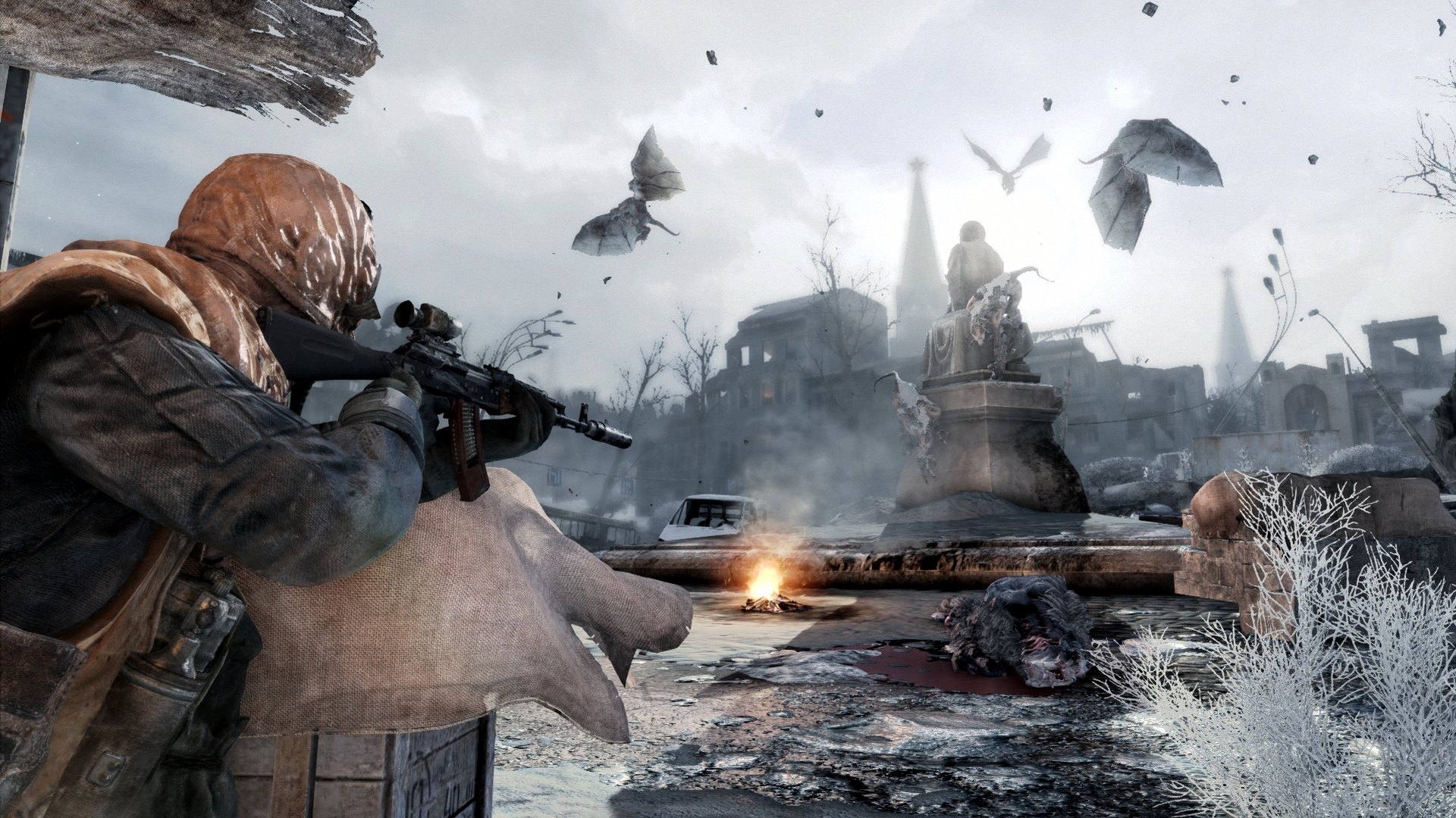 Gas-masked survivor aiming a rifle across a ruined Moscow square