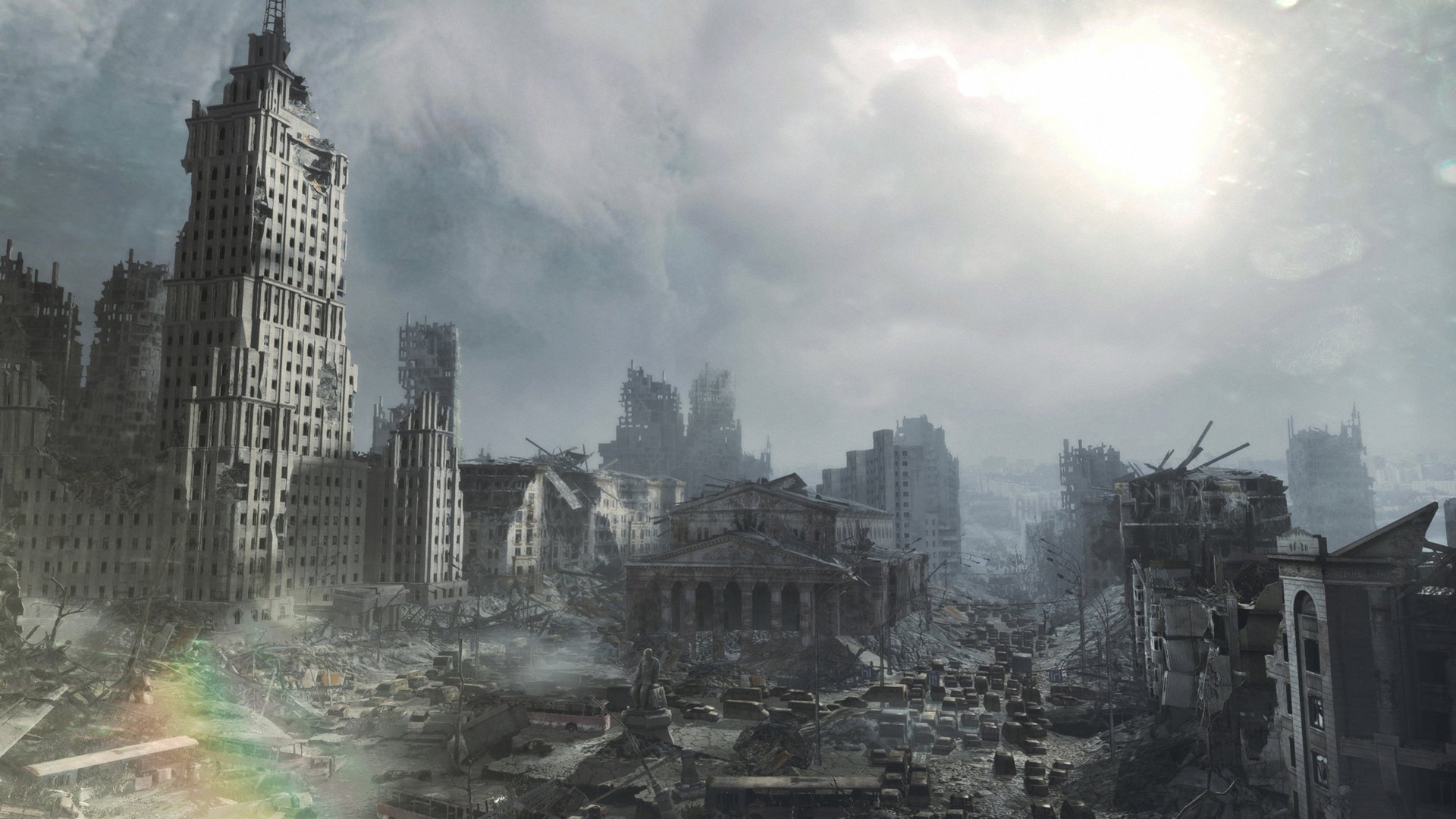 Wide view of a ruined Moscow skyline under heavy haze