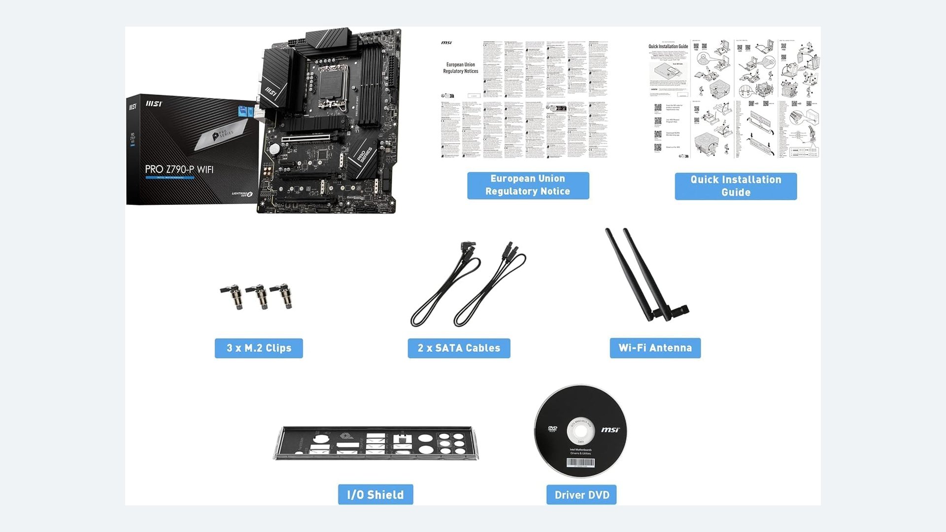 MSI PRO Z790-P WiFi board laid out with its cables, antenna, I/O shield and documentation