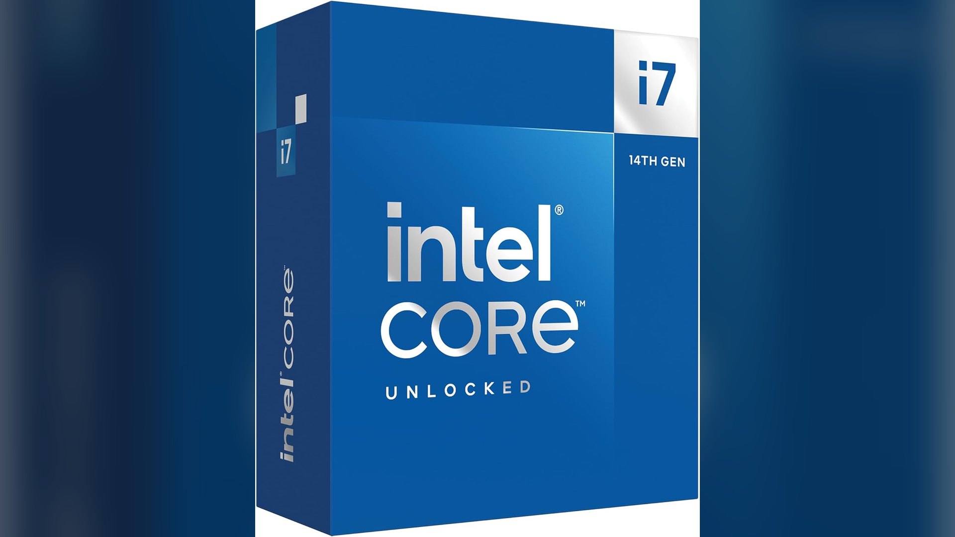 Front of the blue Intel Core i7 14th Gen retail box marked unlocked
