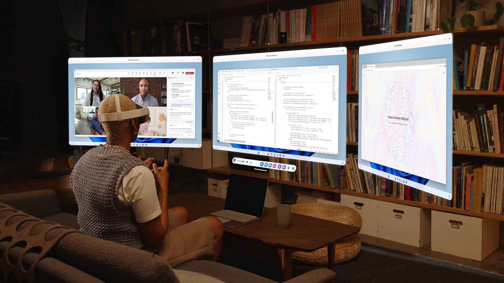 Windows 11 shown on three monitors with a video call, a document and a browser open