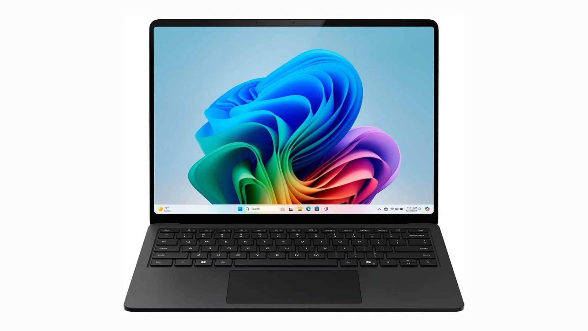 Surface Laptop seen head-on and fully open, showing its keyboard and touchscreen