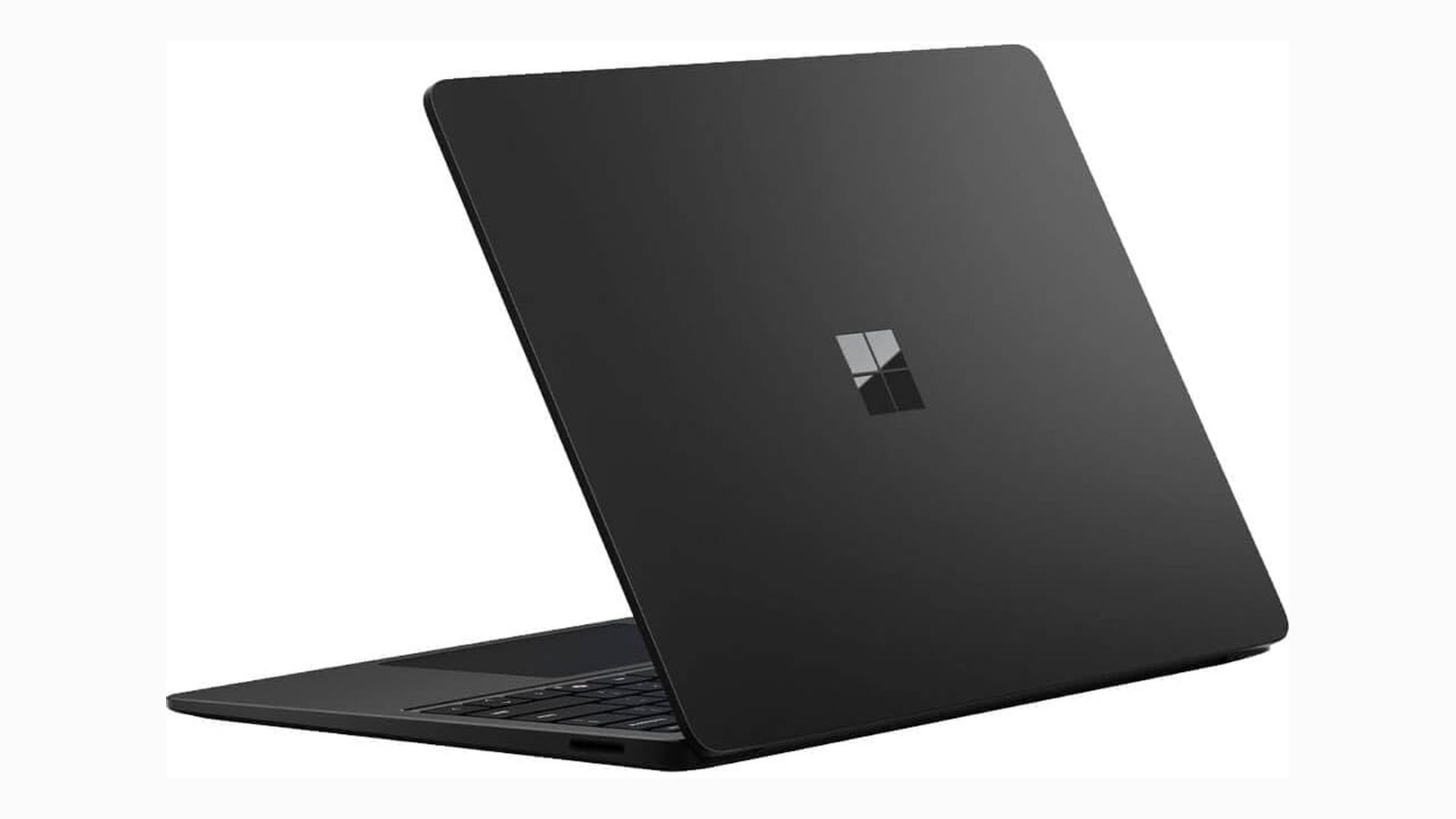 Rear three-quarter view of a closed-angle Surface Laptop in Black with the Microsoft logo