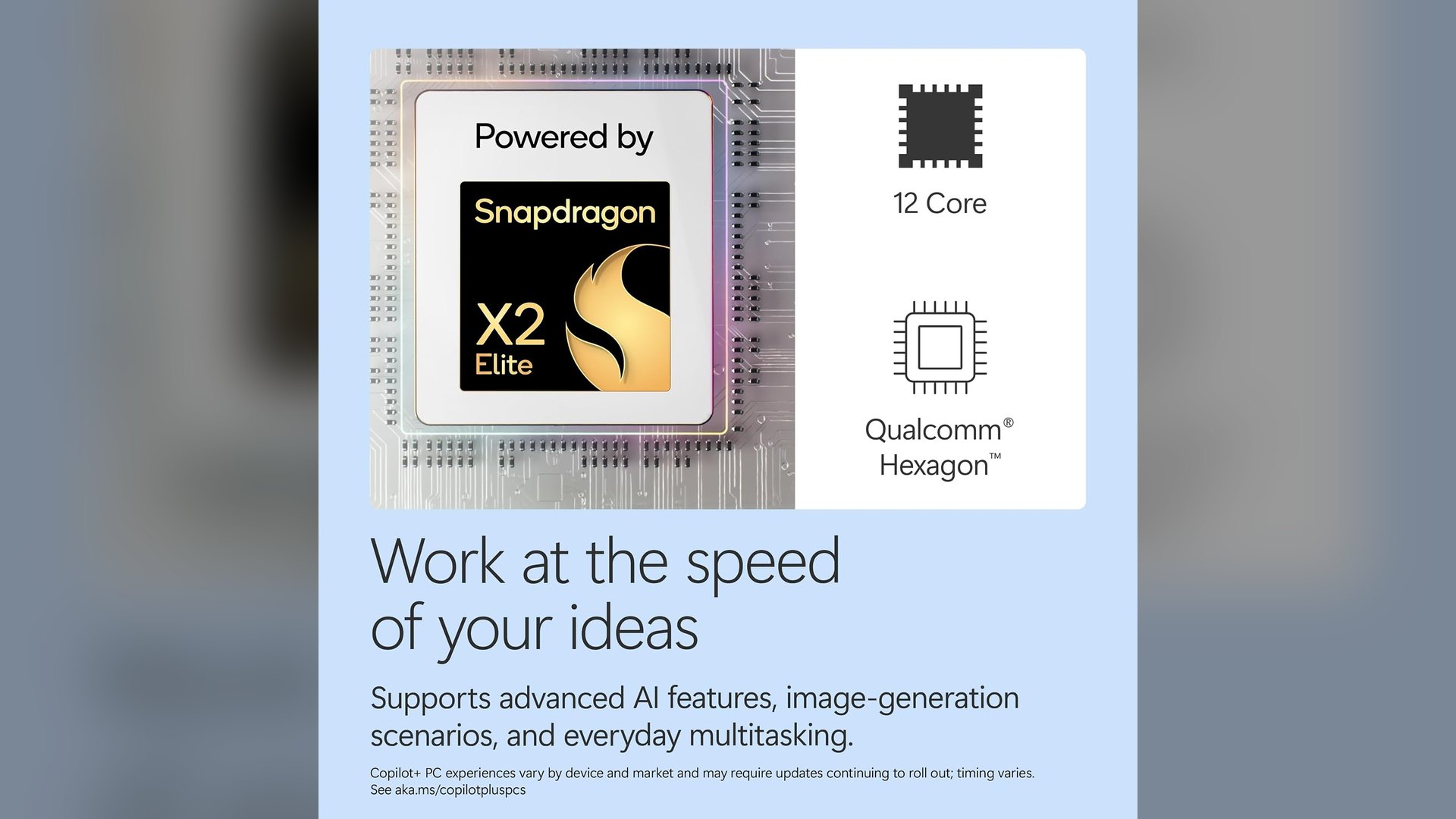 Microsoft graphic showing a Snapdragon X2 Elite chip beside 12 Core and Qualcomm Hexagon labels