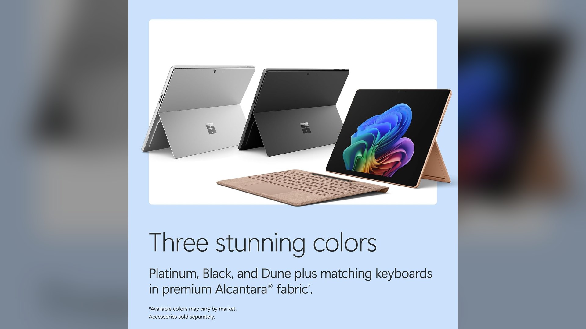 Three Surface Pro tablets in Platinum, Black and Dune with matching keyboards