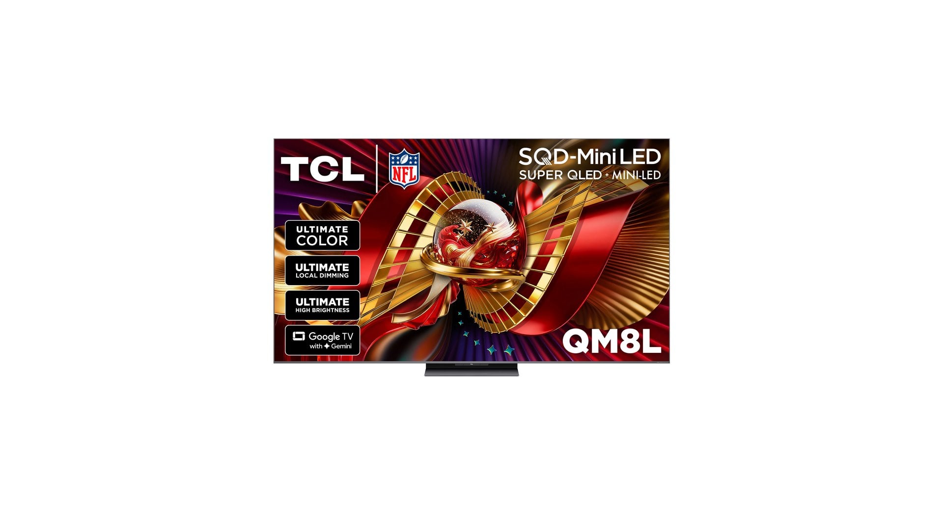 TCL QM8L television render with on-screen badges reading SQD-Mini LED, Ultimate Color, Ultimate Local Dimming and Ultimate High Brightness