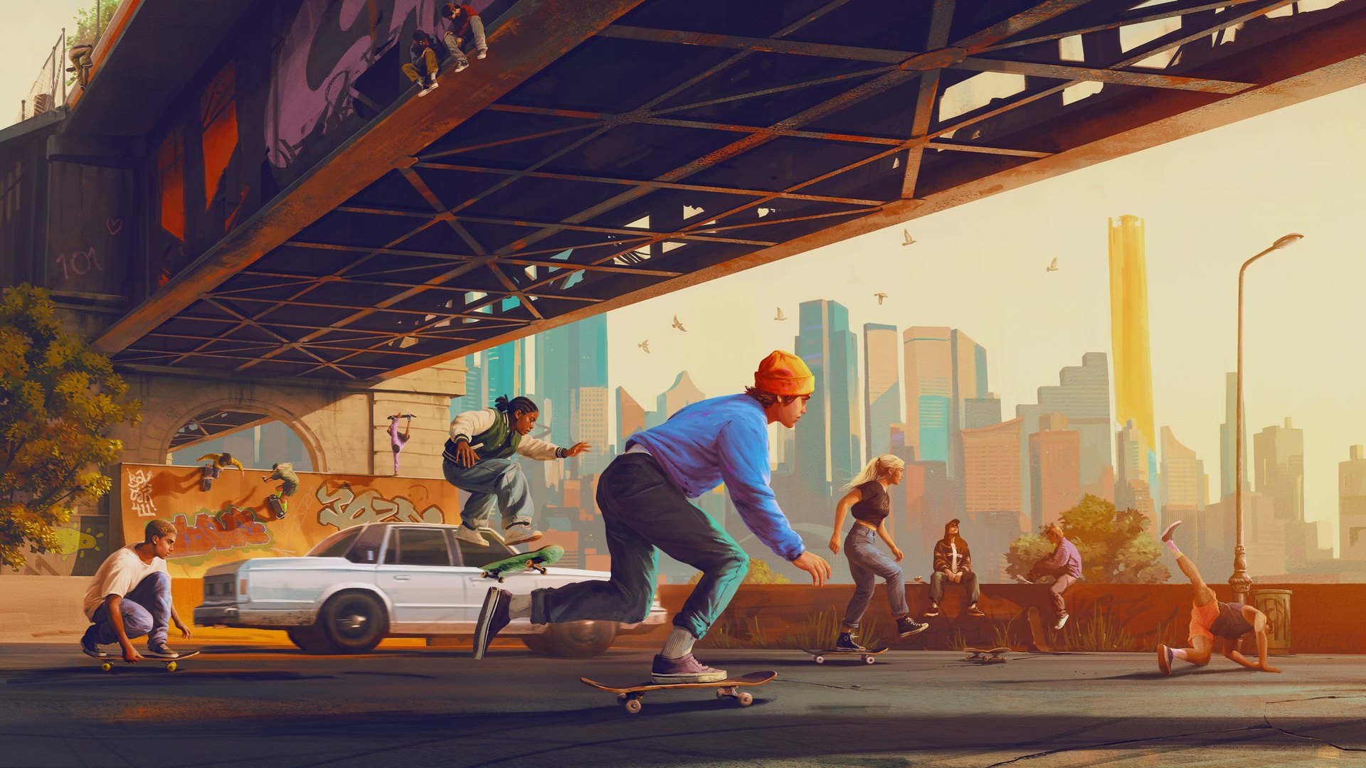 Illustrated key art for skate. showing skateboarders riding through a city street
