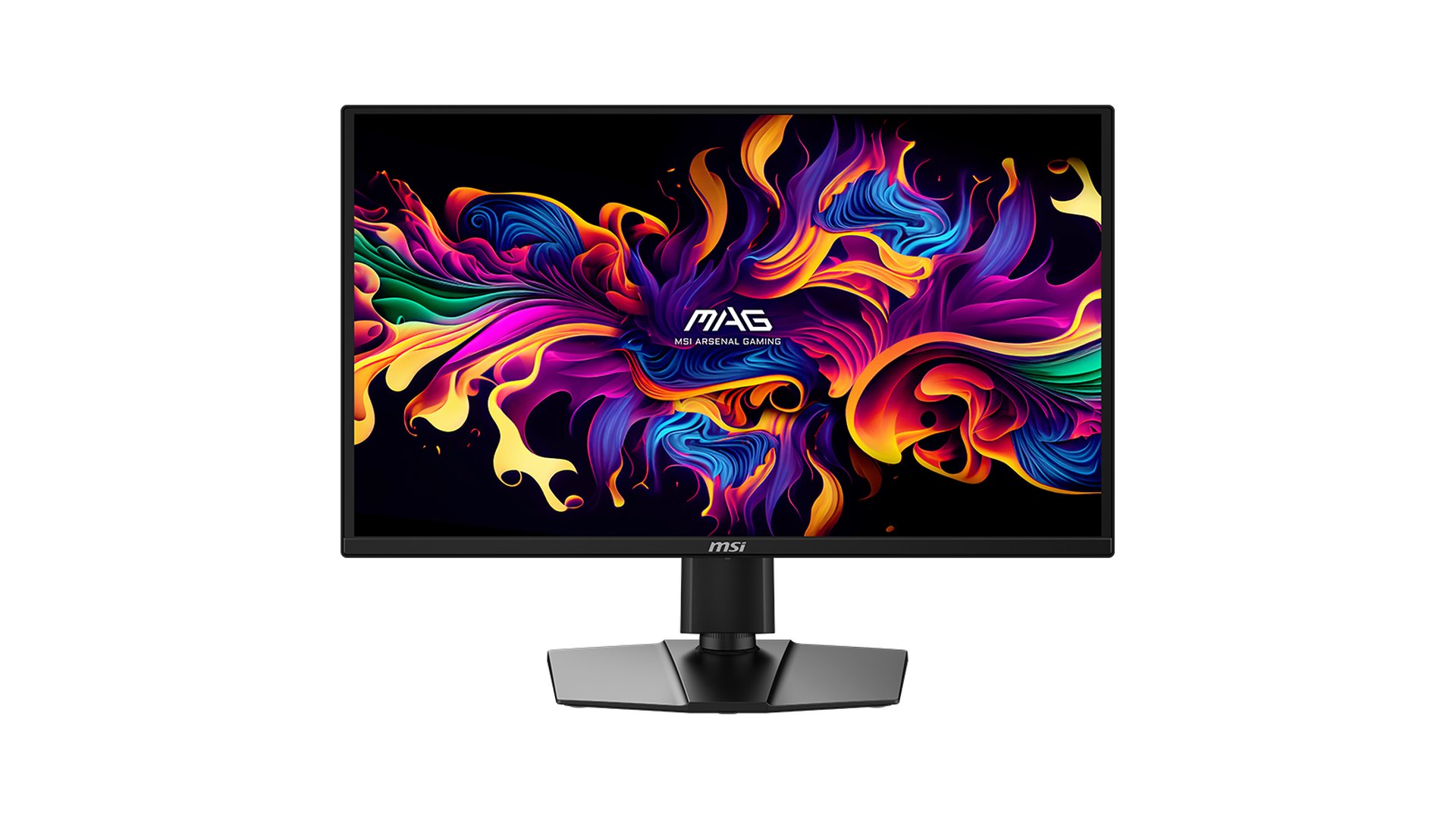 MSI MAG 272QP QD-OLED X24 gaming monitor seen from the front on its stand