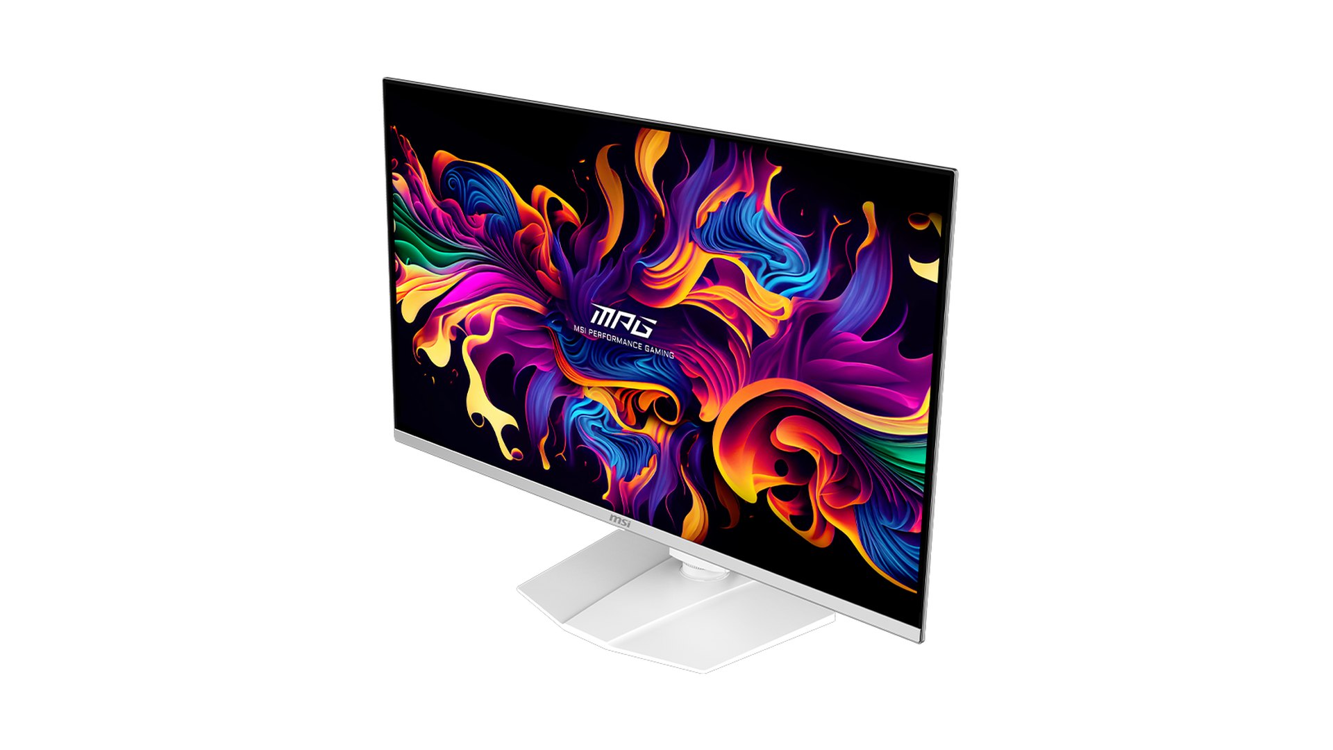 MSI MPG 321URXW QD-OLED seen at an angle from the side
