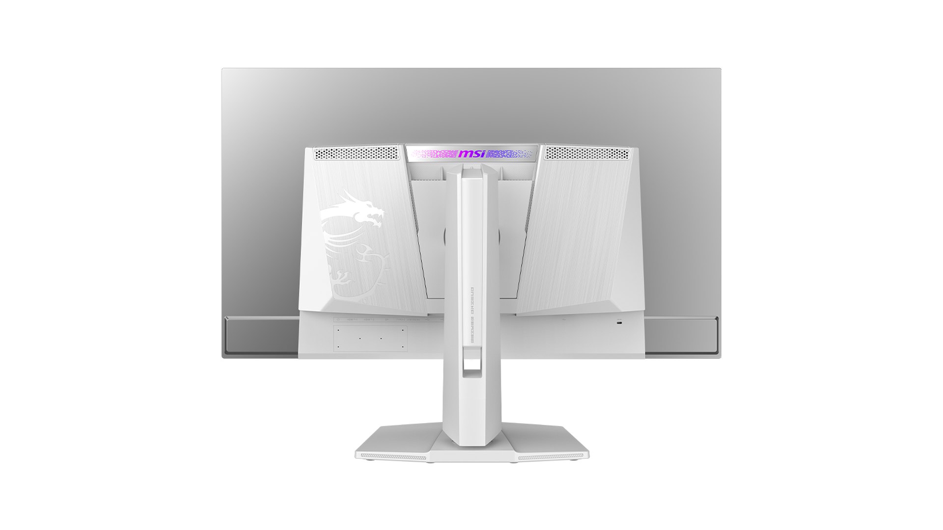Rear view of the MSI MPG 321URXW QD-OLED and its stand