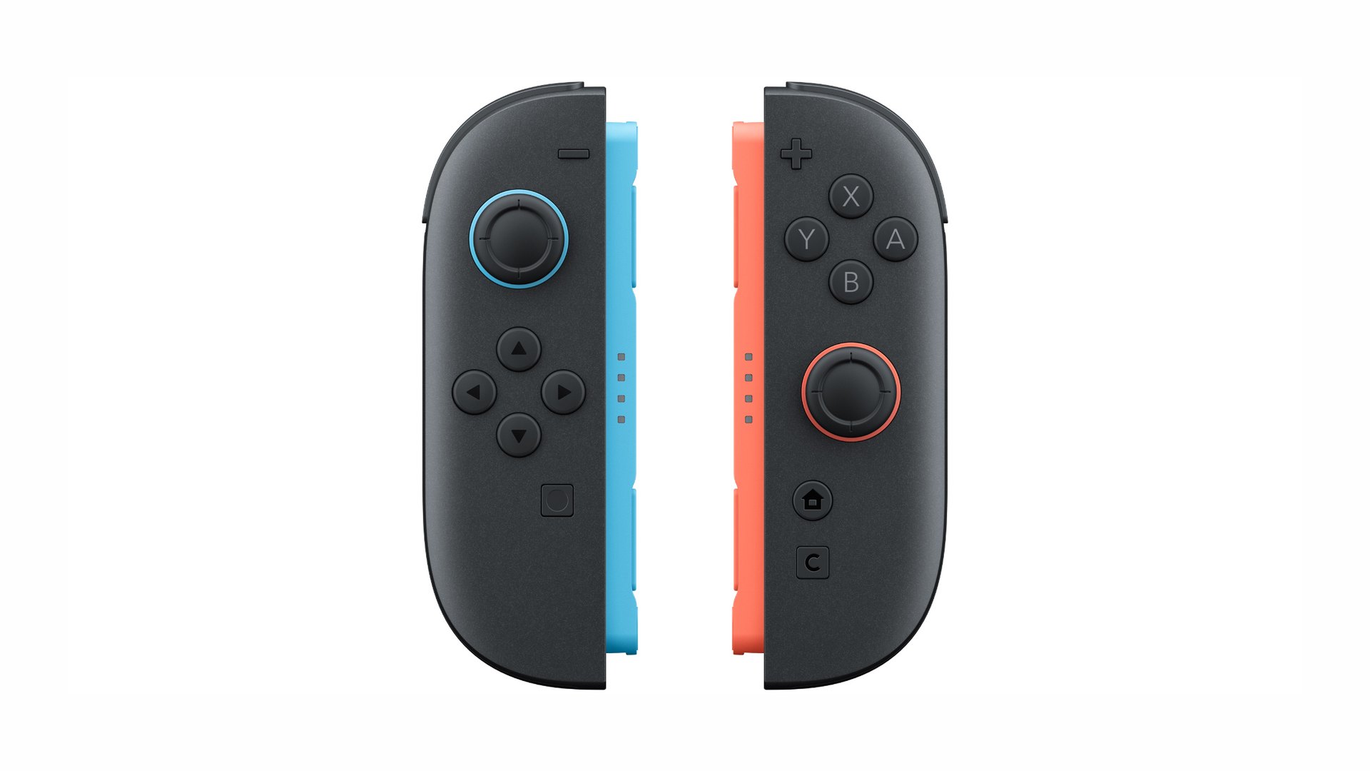Detached Joy-Con 2 left controller with blue accents and right controller with red accents