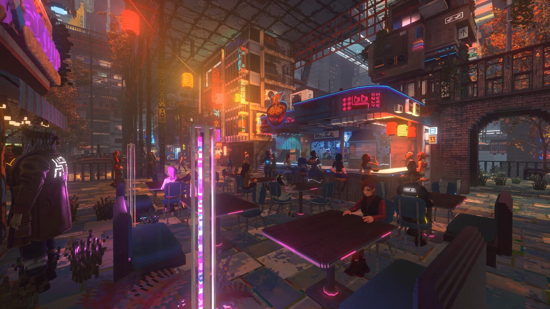 Neon-lit street plaza crowded with characters in Nivalis Nights
