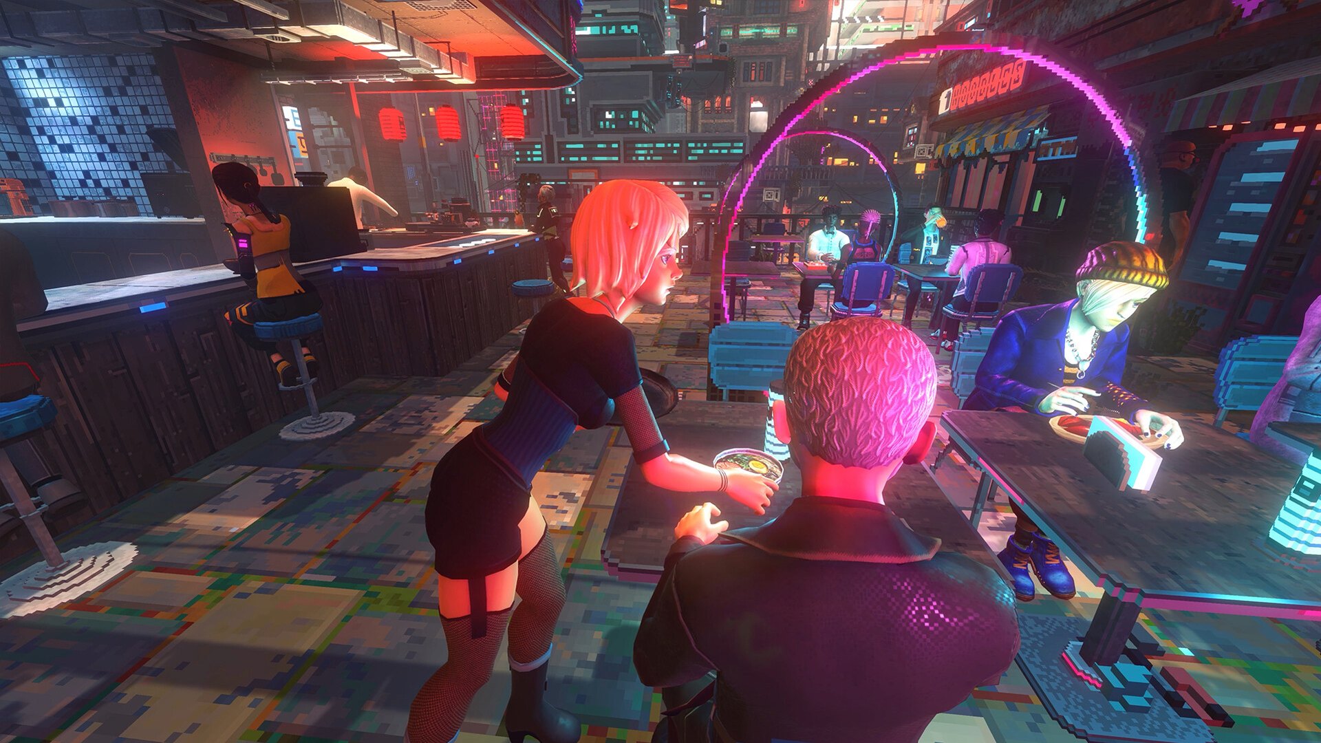 Characters gathered around a bar counter inside a venue in Nivalis Nights