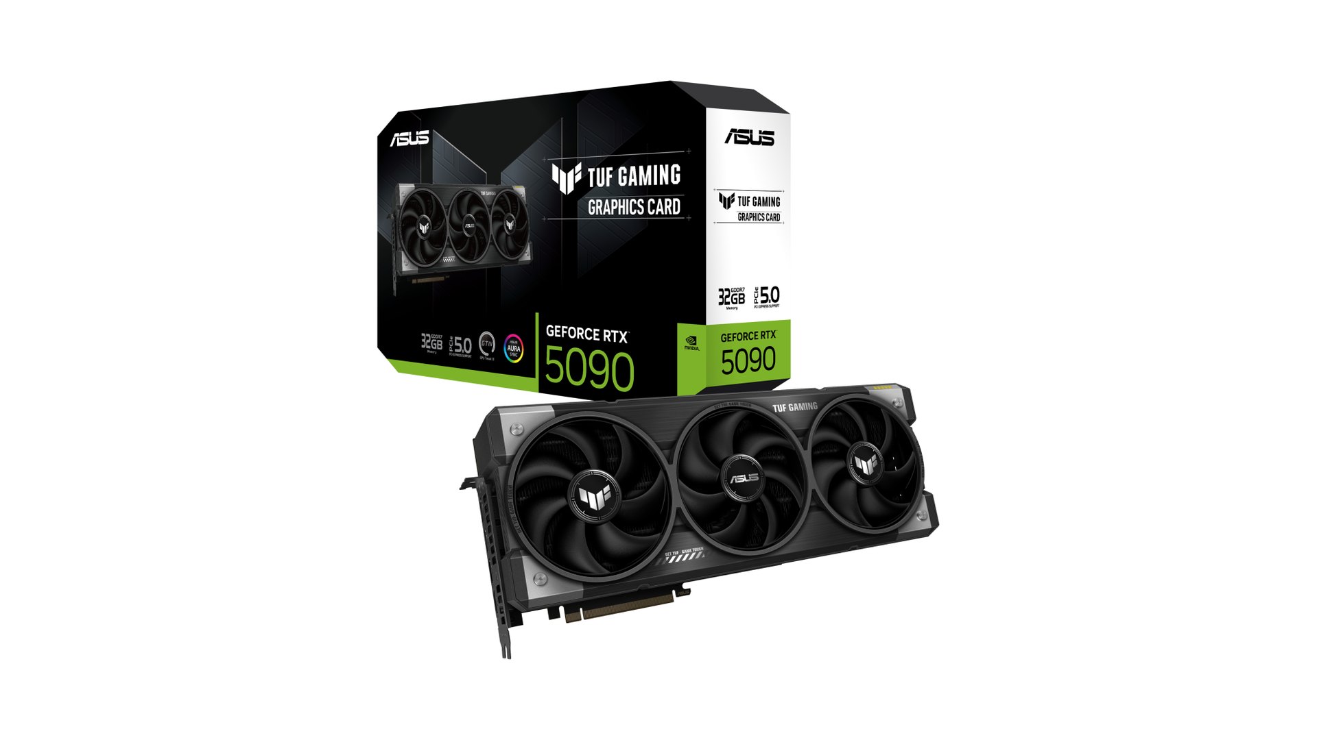 ASUS TUF Gaming GeForce RTX 5090 graphics card next to its retail box