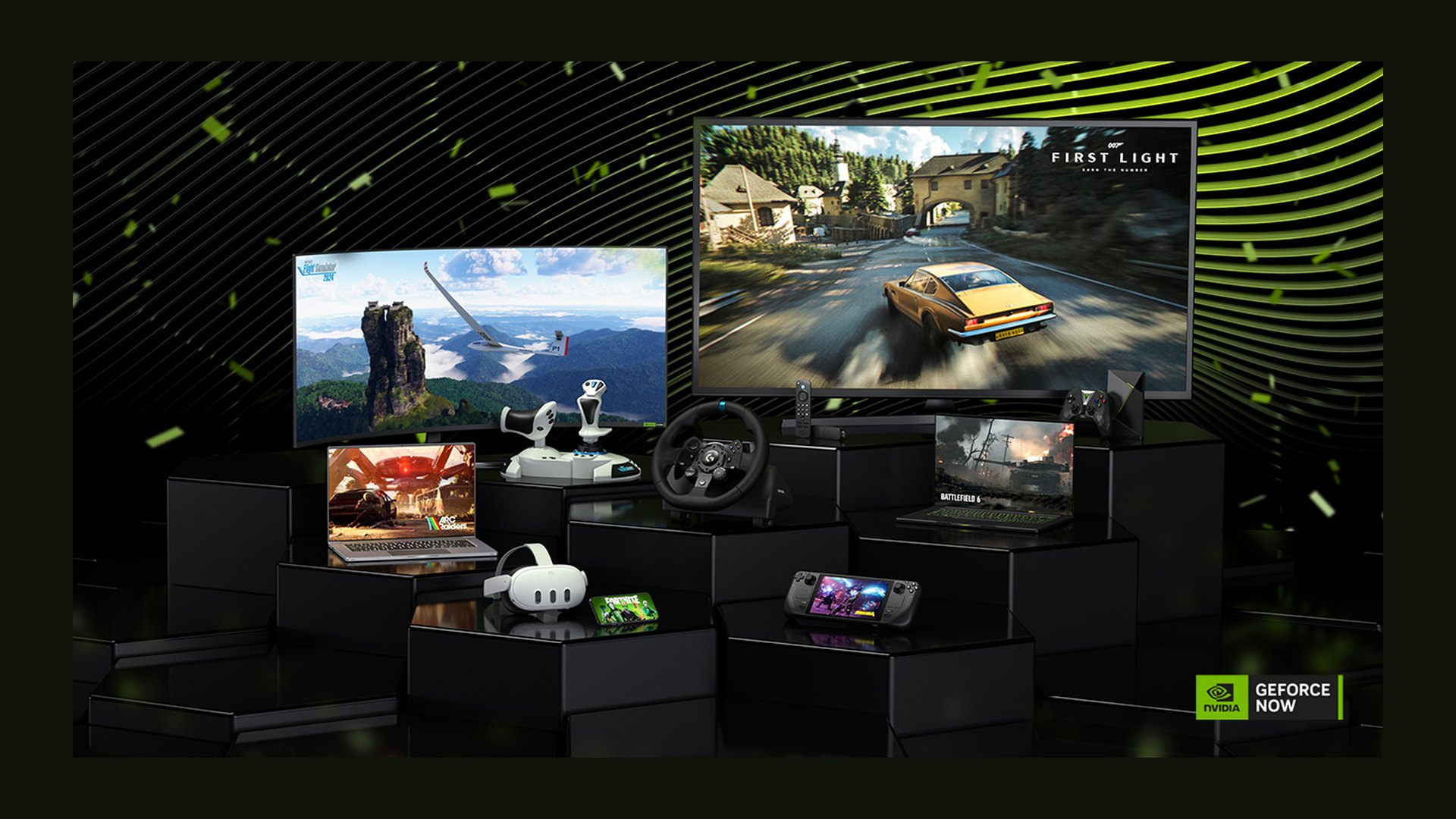 Several screens and handhelds arranged on blocks, all running GeForce NOW