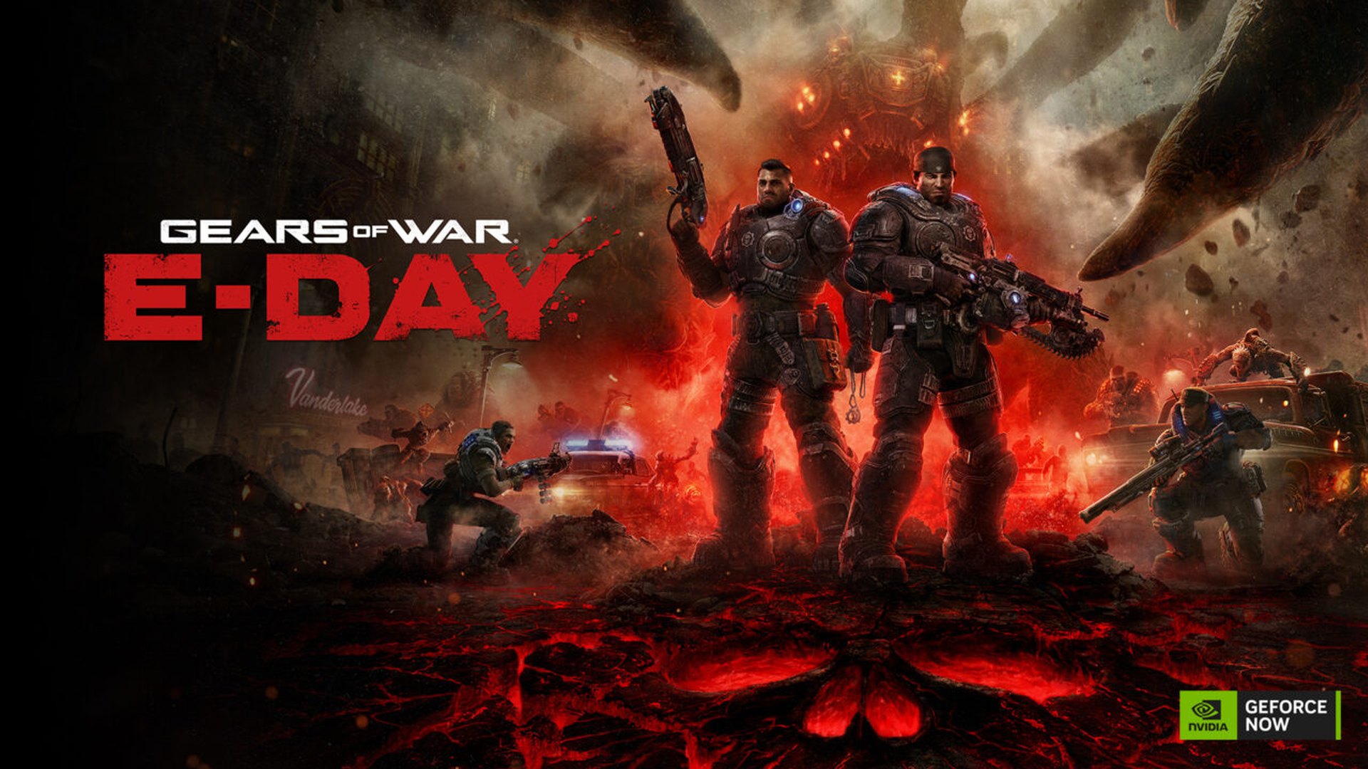 Gears of War E-Day key art with the GeForce NOW logo