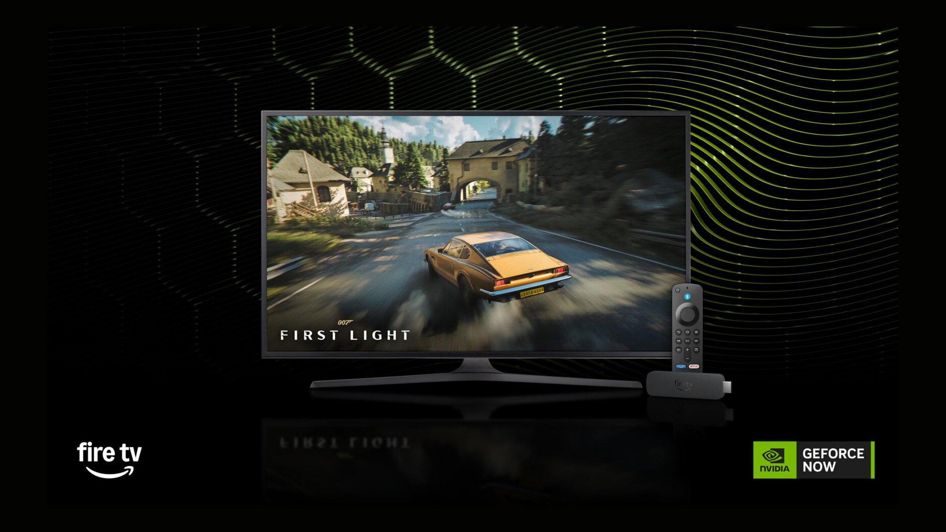 A television showing a racing game next to a Fire TV stick, with the GeForce NOW logo