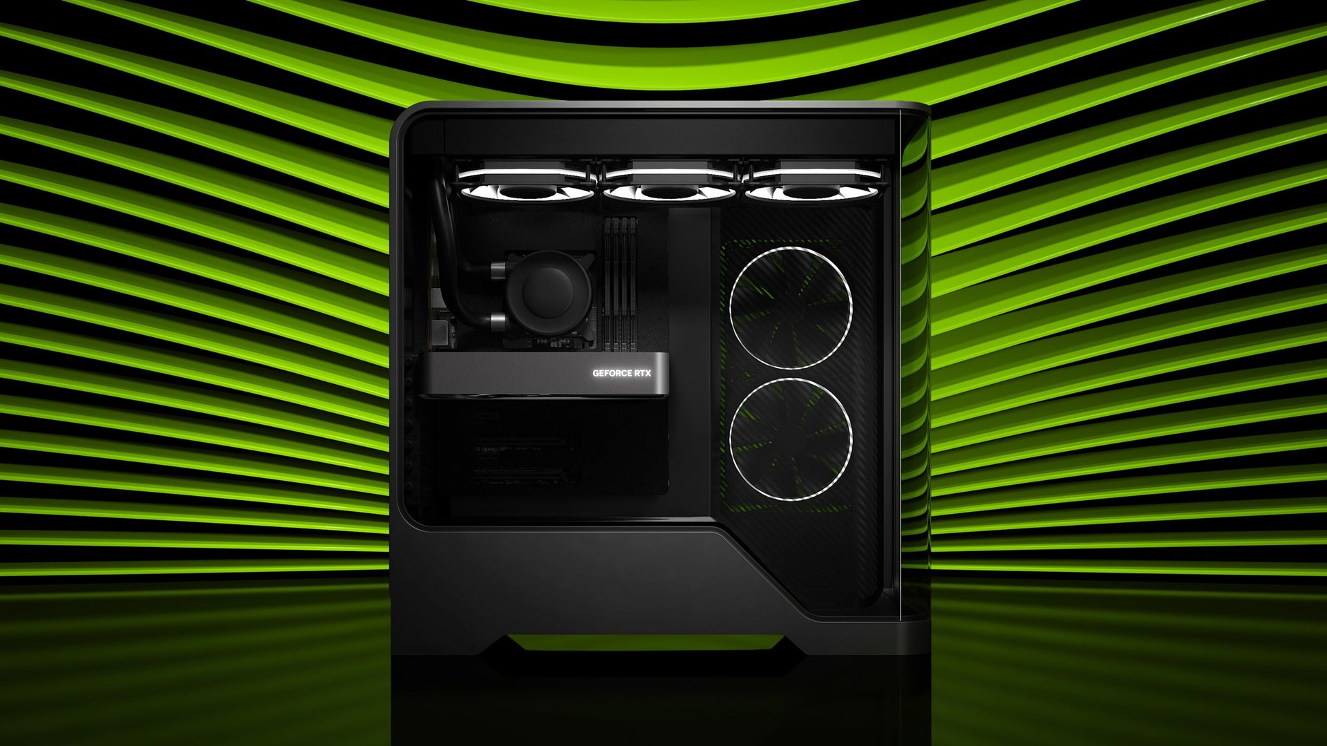 Desktop PC case with a GeForce RTX graphics card installed