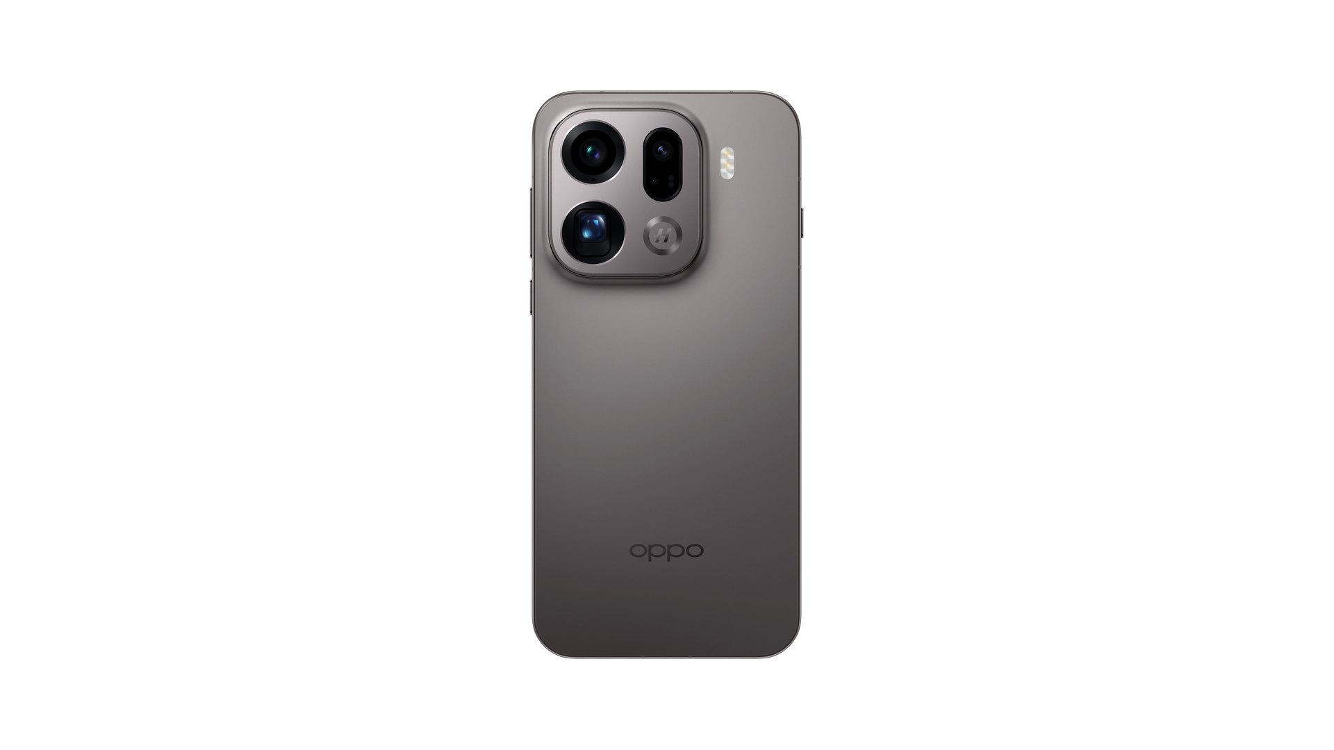 Rear view of a dark titanium Oppo Find X9 Pro showing its square camera island