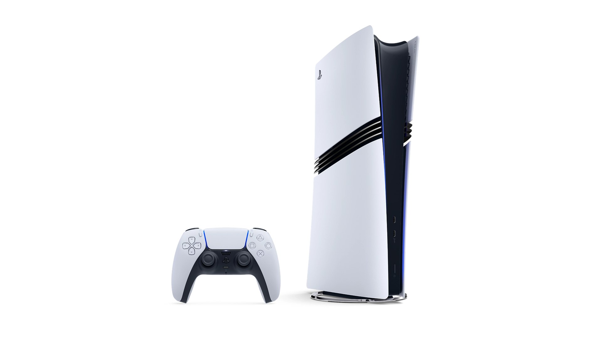 White PS5 Pro console upright beside a white DualSense controller on a white background