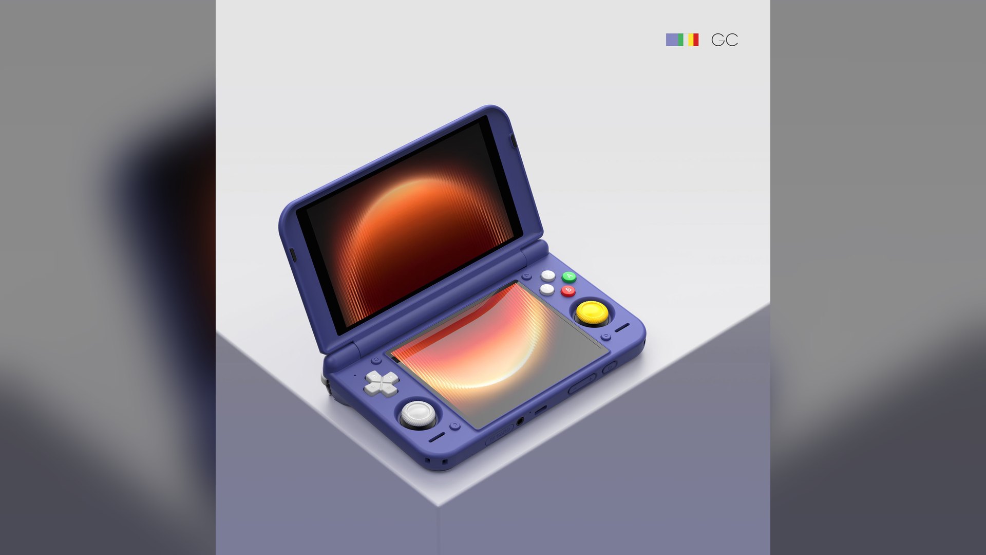 Blue grey Retroid Pocket Duo with colored face buttons, open on a white background