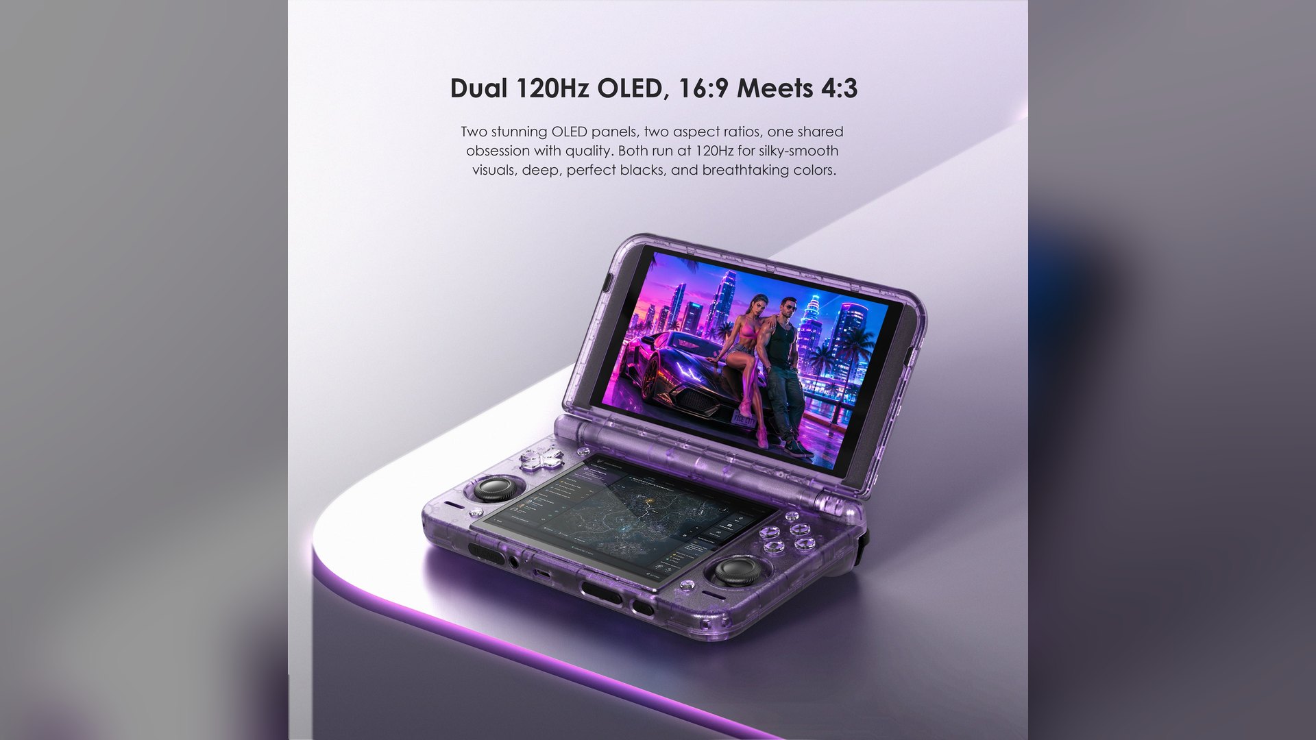 Clear purple Retroid Pocket Duo open at an angle, a game running on the larger top screen and a second screen above the controls