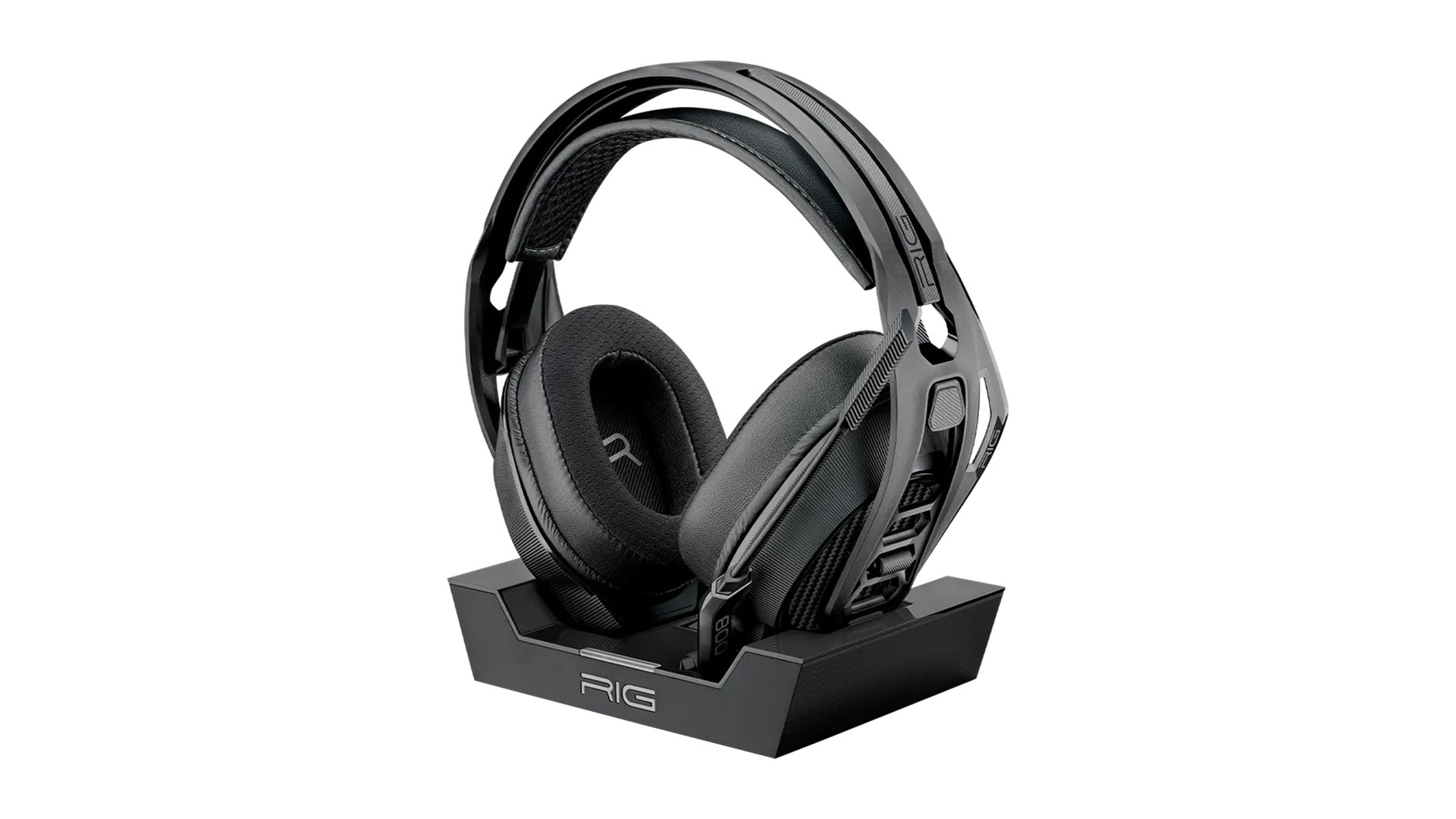 RIG 800 PRO HX headset sitting on its black charging dock