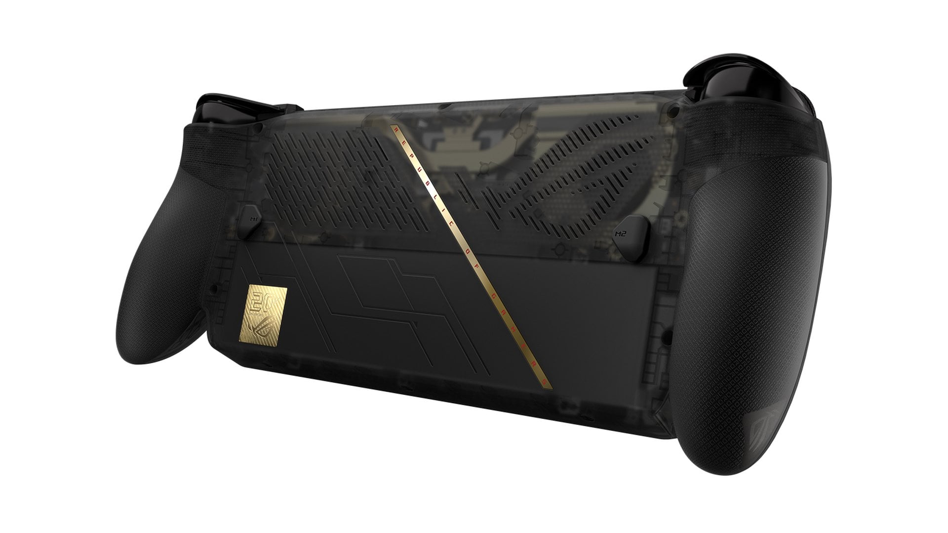 Rear view of the ROG Xbox Ally X20 showing the gold accent strip