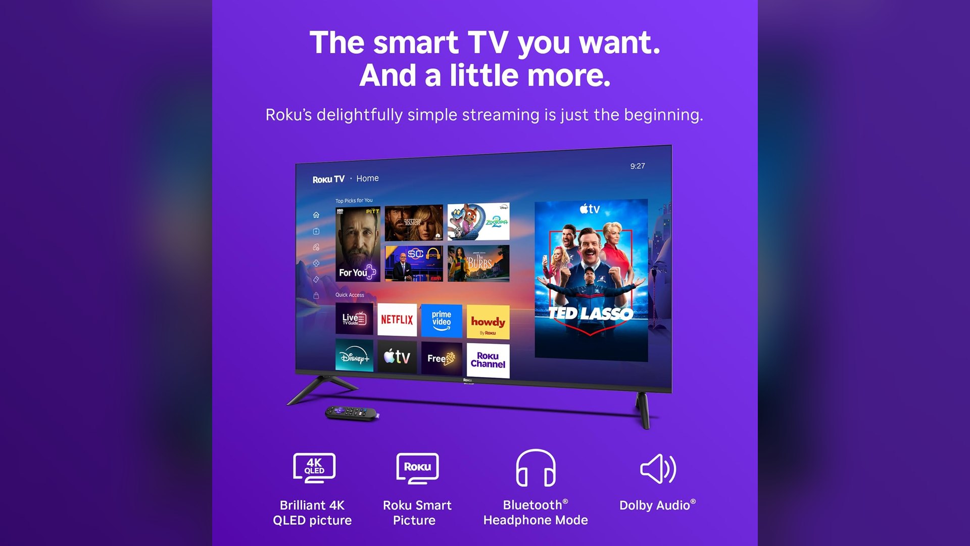 Roku feature graphic showing four icons for the Select Series 4K QLED TV