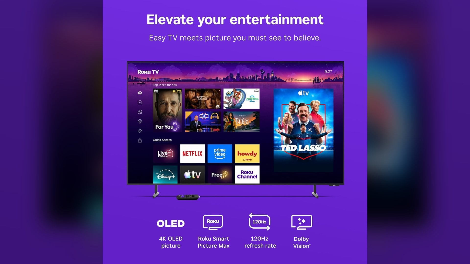 Roku feature graphic with four icons for OLED picture, Smart Picture Max, 120Hz and Dolby Vision