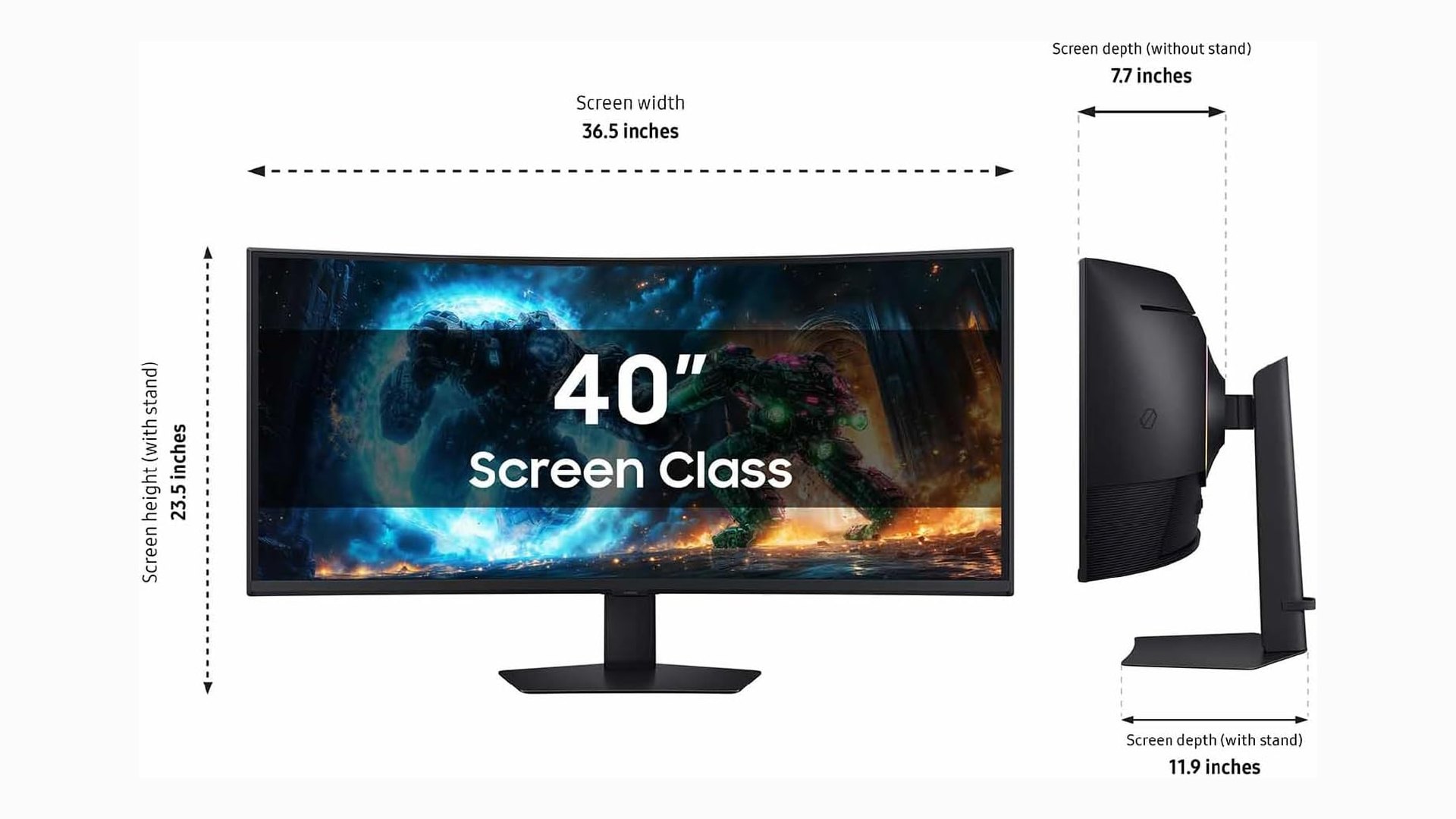 Dimension diagram showing the monitor's width, height and depth