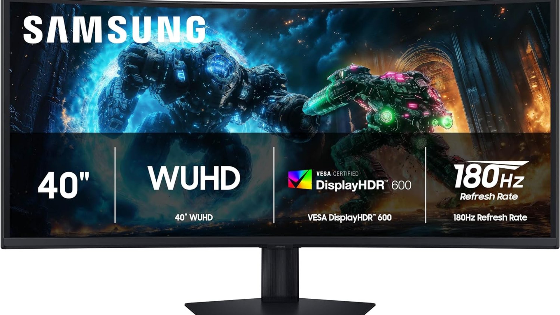 Samsung 40-inch Odyssey G7 G75F curved ultrawide monitor seen head-on, displaying a game scene