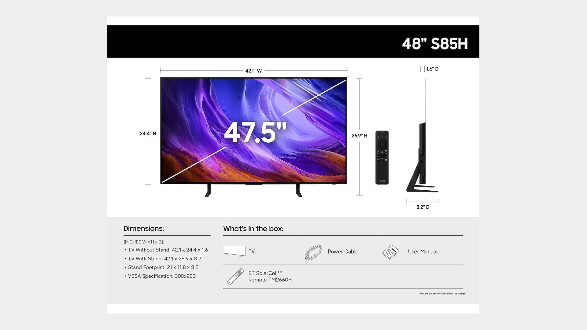 Samsung measurement diagram for the 48-inch S85H listing a 47.5-inch diagonal and a 300x200 VESA pattern