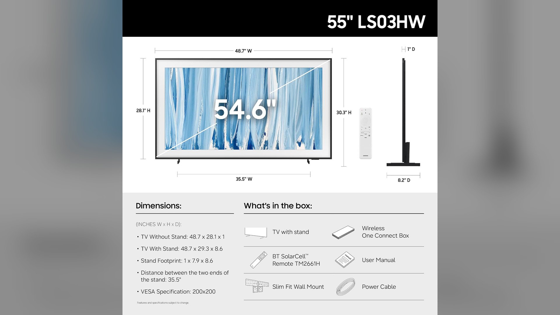 Samsung diagram showing the 55-inch LS03HW dimensions and the accessories included in the box
