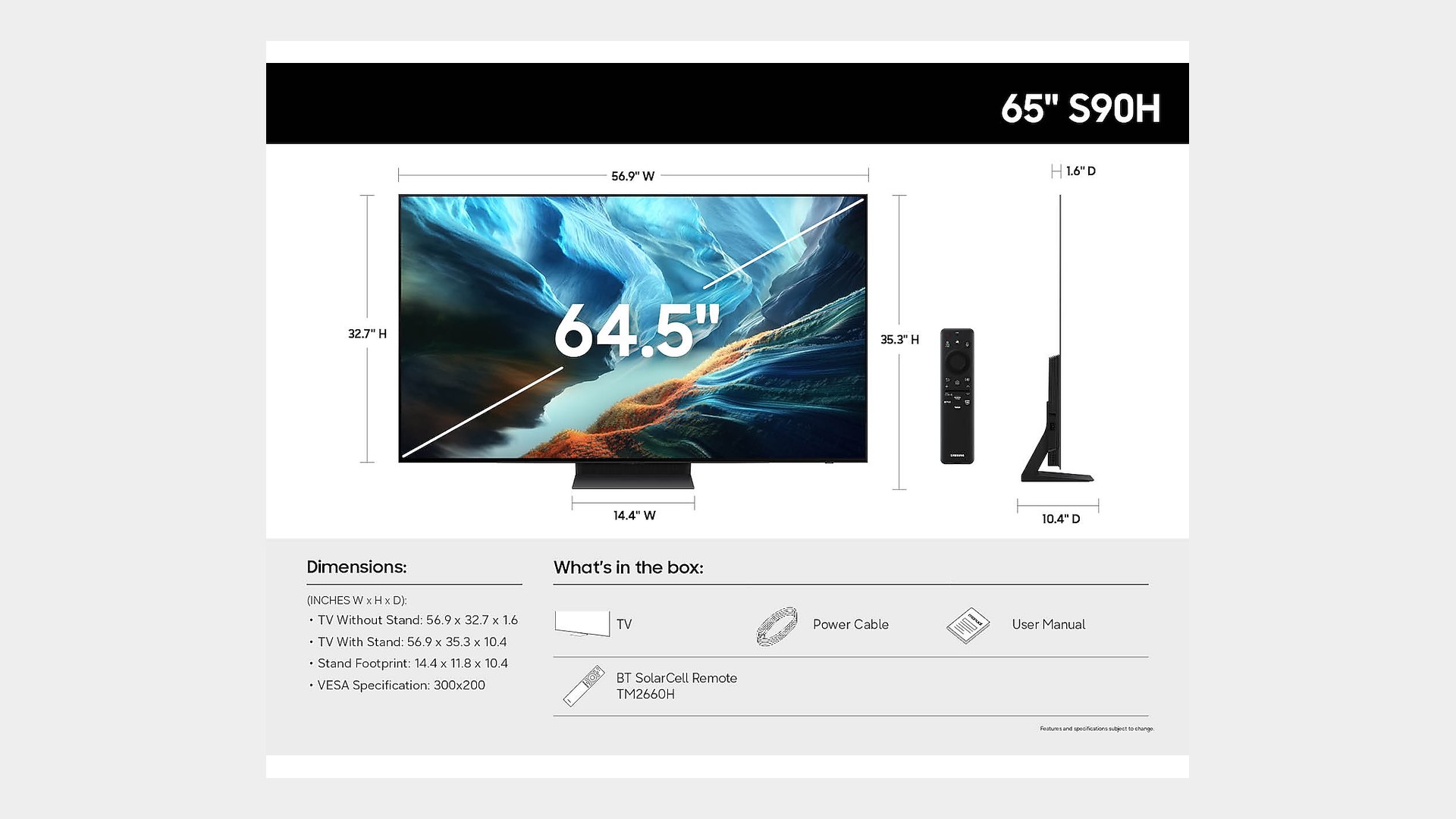 Diagram of the 65-inch S90H with its width, height, depth, stand footprint and VESA pattern